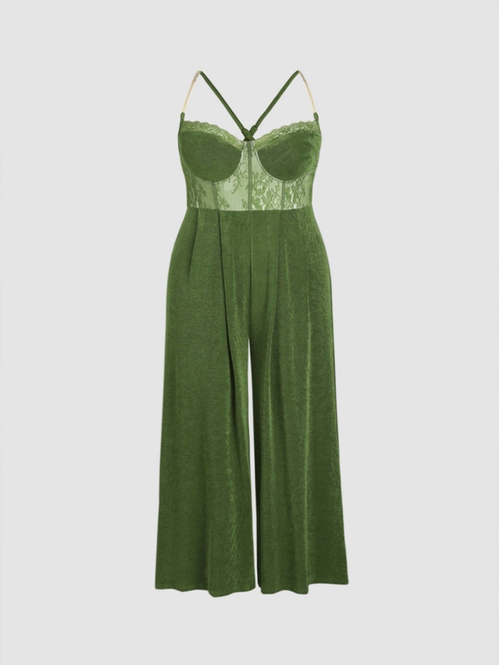 Cider Olive Green Velvet Jumpsuit with Gold Chain Straps - Picture 2 of 9